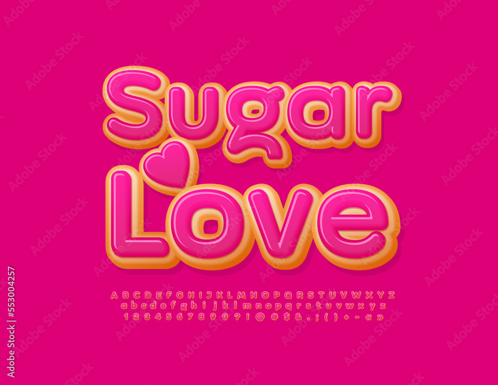 Vector sweet card Sugar Love. Pink creative Font. Tasty Donut Alphabet Letters and Numbers set