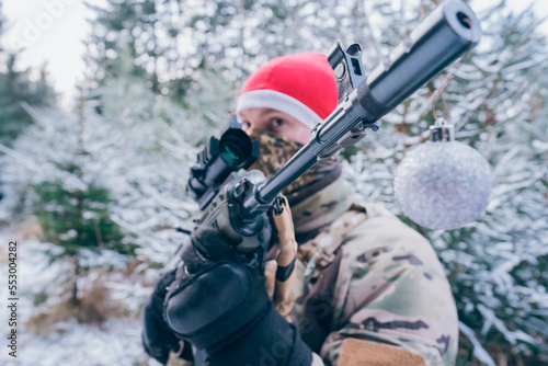 Christmas at war. Soldier at Christmas at the front.