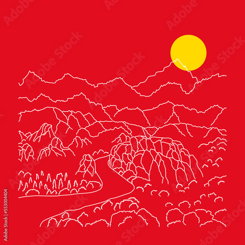 Dessin au trait, chemin dans la nature au milieu des plantes et rochers avec des montagnes en fond