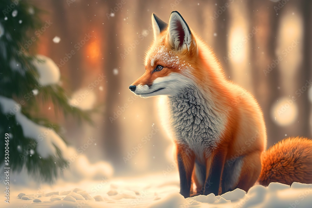 Fototapeta premium cute baby fox in a winter forest on a winter day. christmas fox.