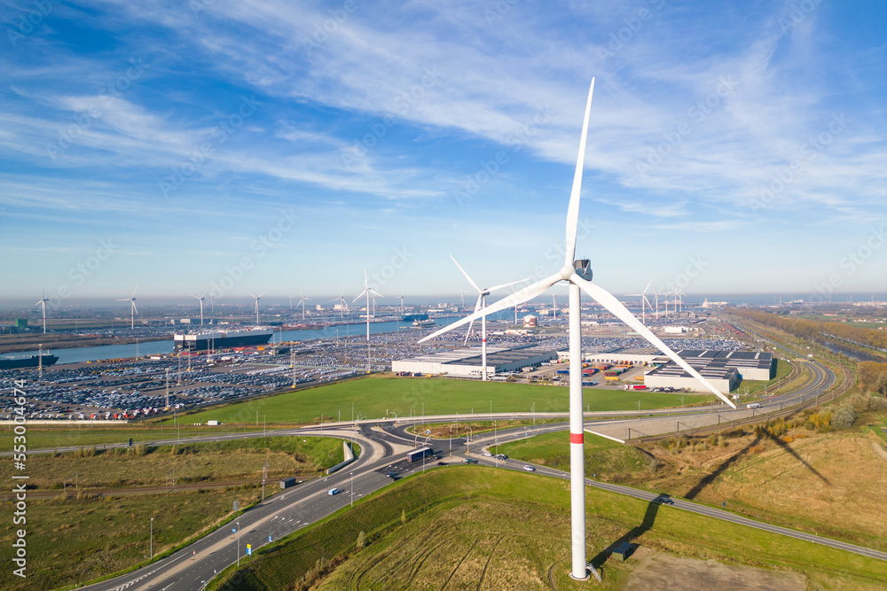 Fototapeta premium Aerial drone view of the port of Zeebrugge at the coast of Belgium, Europe. Ro-Ro of new cars for import - export cargo around the world. Powerd by wind turbines.