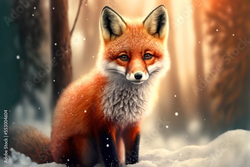 cute baby fox in a winter forest on a winter day. christmas fox. © Rarity Asset Club