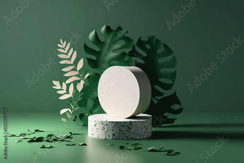 Dark sage green background, minimal, elegant, white podium and product pedestal. Summer creative concept with palm leaves. 3D Illustration. Generative AI. photo