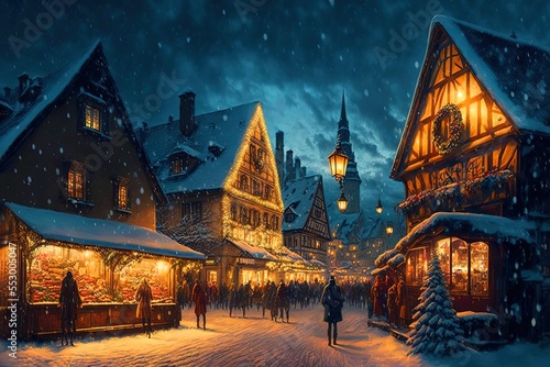 European Christmas market and snow in the night