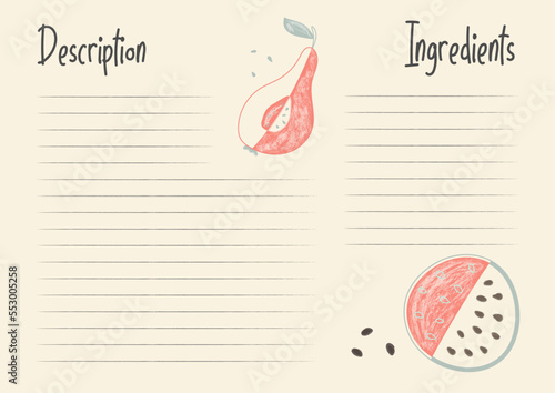 Recipe card template for a cookbook. Vector illustration of the menu sheet. A template of a sheet on a beige background with ingredients and a description of the dish.