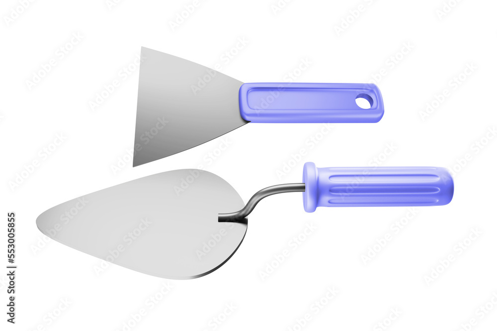 Trowel and spatula with purple plastic handle 3d. Trowel and spatula with purple plastic handle 3d.