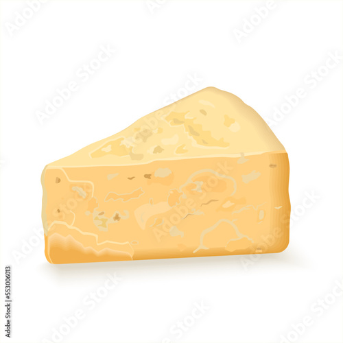 A slice of Parmesan cheese, triangular piece hard cheese. Dairy and cheese products. Hard cheese pecorino. Realistic vector illustration isolated on white background