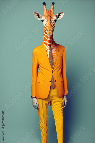 Abstract, creative, illustrated, minimal portrait of a wild animal dressed up as a man in elegant clothes. A giraffe standing on two legs in business suit. Generative AI.