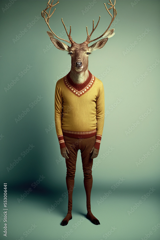 Photo & Art Print A human size deer in a trendy vintage hipster Winter sweatshirt, Uncanny Valley photo-art-print-a-human-size-deer-in-a-trendy-vintage-hipster-winter-sweatshirt-uncanny-valley