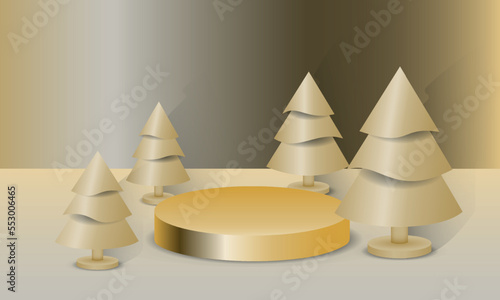 Abstract minimal mock up scene. Geometry podium shape for show cosmetic product display and goods. Stage pedestal, platform. Winter christmas gold background with gold christmas trees. 3D vector