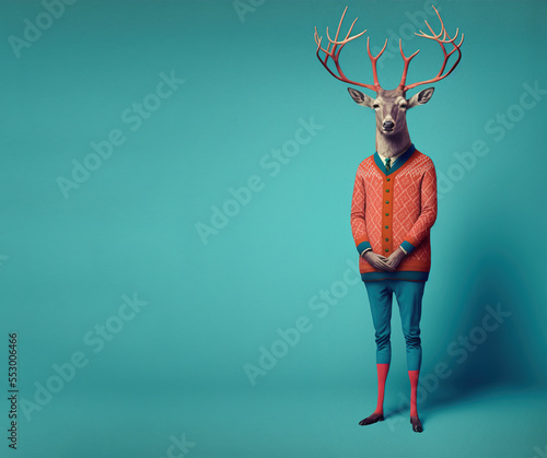 Foto A  human size deer in a trendy vintage hipster Winter sweatshirt