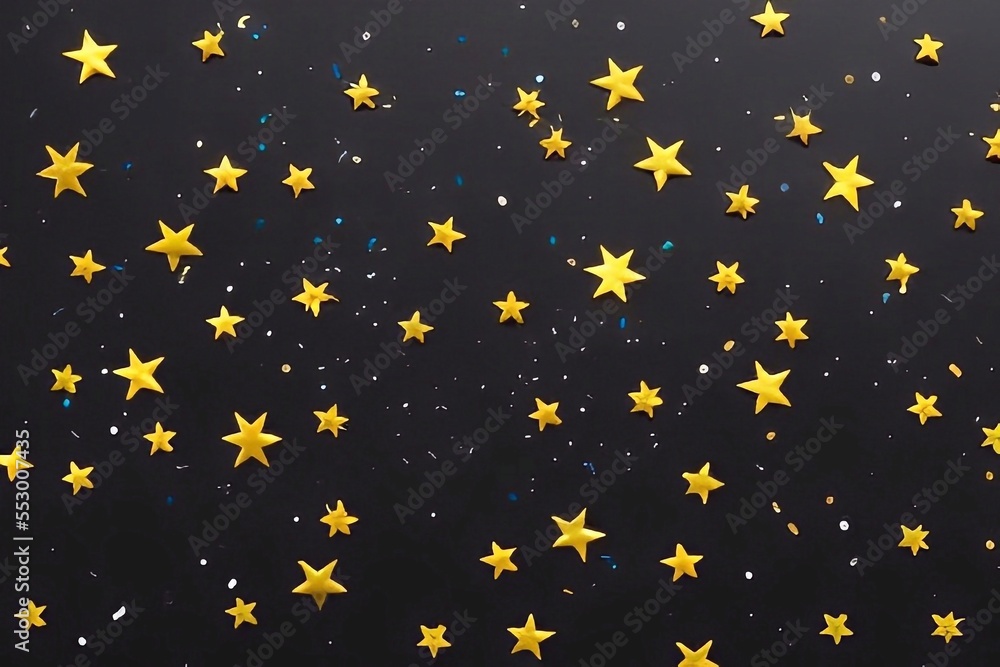 star shape confetti on black background. top view. star shape confetti on black background. top view.
