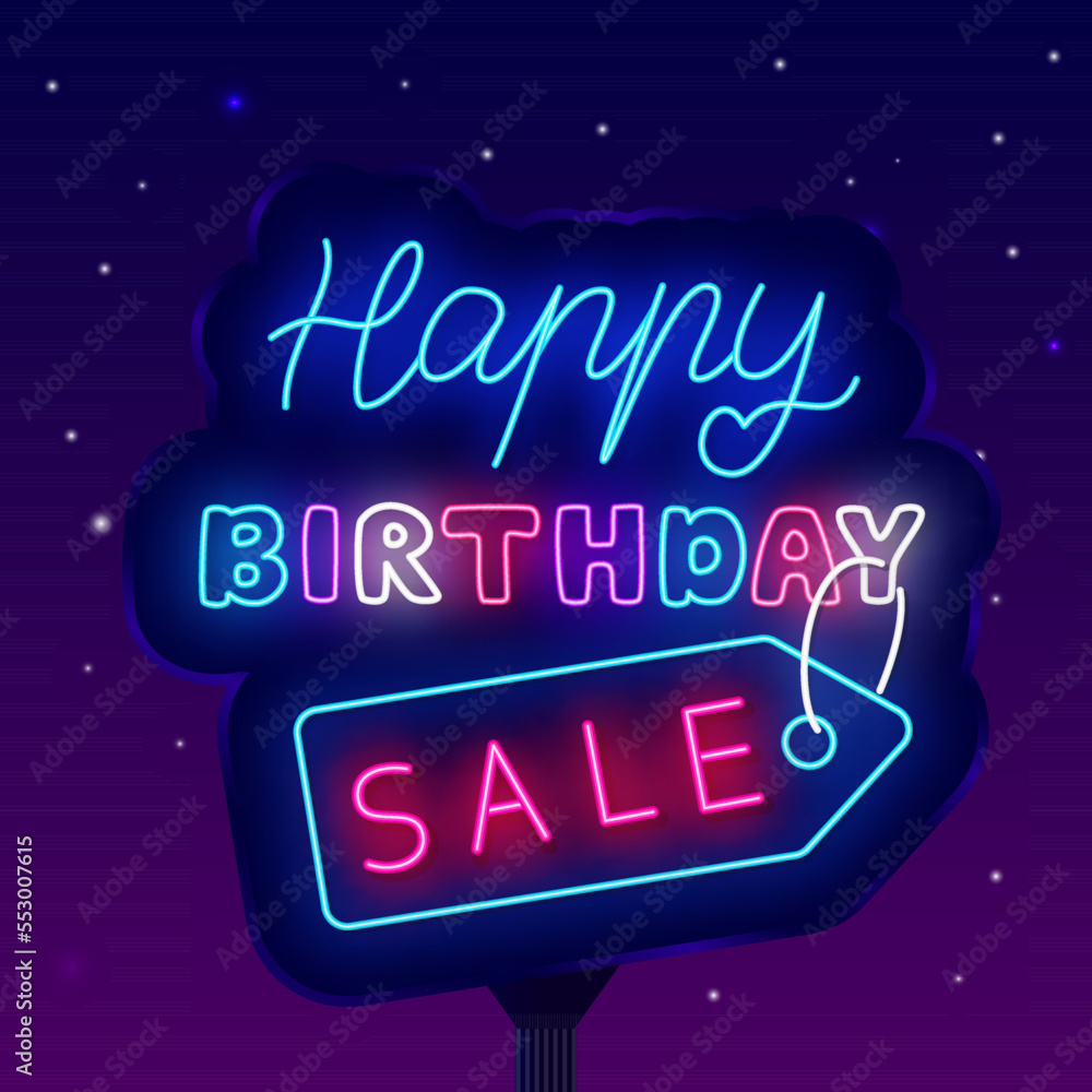 Happy Birthday Sale neon street billboard. Special offer label. Light outdoor advertising. Vector stock illustration