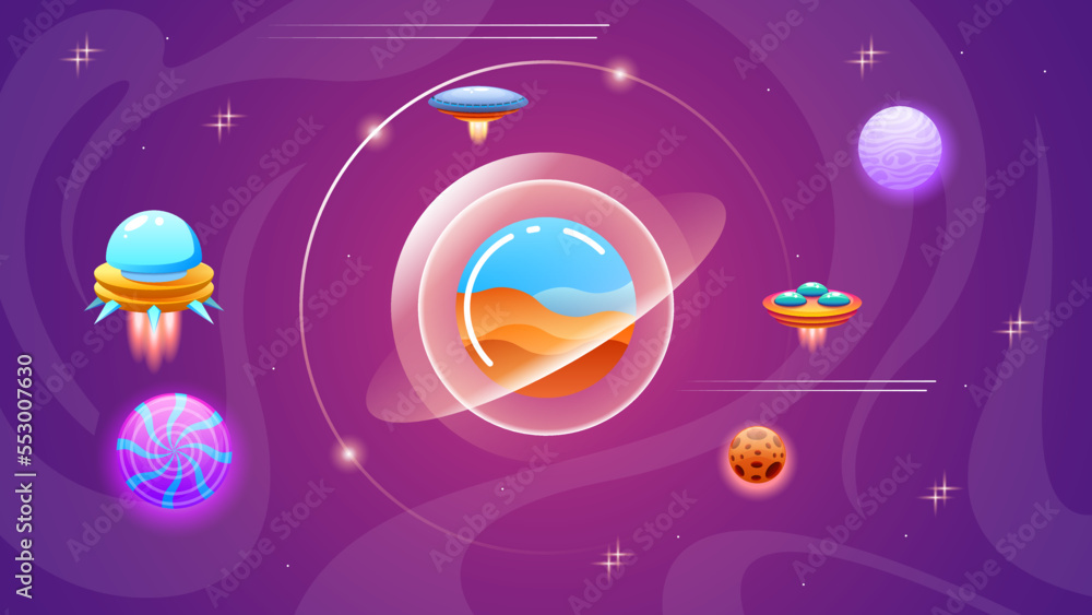 Fototapeta premium Abstract Aliens On Flying Saucers In Dark Space Planet Background Gradient Unidentified Flying Object Ufo Stars Vector Design Style