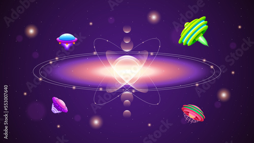 Abstract Aliens On Flying Saucers In Dark Space Planet Background Gradient Unidentified Flying Object Ufo Stars Vector Design Style