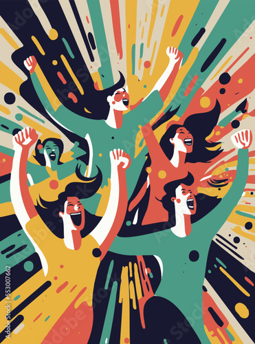Team of people celebration their success, joyous abstract colorful background, energetic and fun.