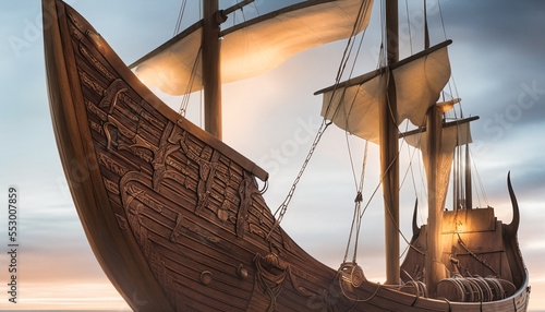 wooden Viking like big ship sailing at sunset side low angle shot, generative AI