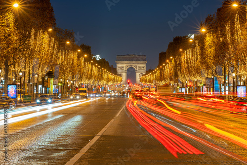 Paris - France,France - 12 08 2022: View of the Arc-De-Triomphe and Avenue des Champs Elysees with Christmas lights © Franck Legros