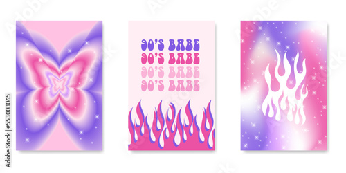 y2k gothic flame tattoo stickers. Retro psychedelic love art. Vector illustration of hand drawn elements, barbed wire, fire, butterfly, heart. Aesthetic nostalgic 2000s goth girly backgrounds.