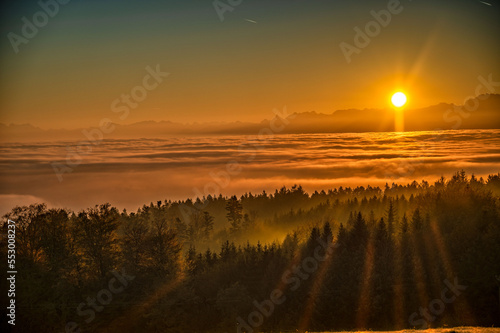 beautiful sunset  over the alps and the fog sea