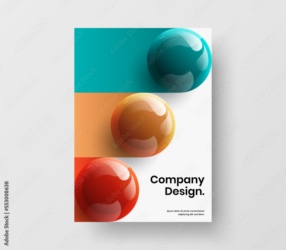 Fresh journal cover design vector template. Premium 3D spheres company identity illustration.