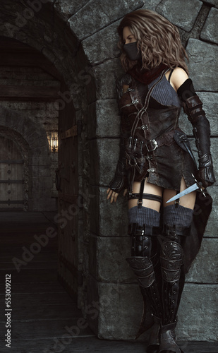 Mysterious silent rogue assassin female quietly stalking her next target. Fantasy 3d rendering photo