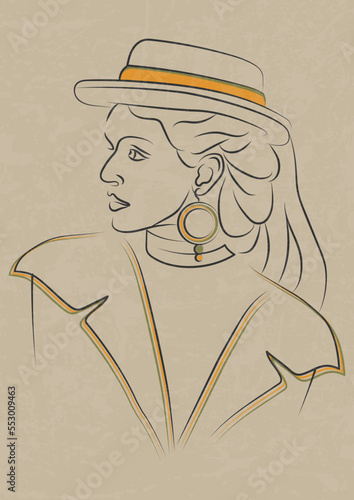 Elegant woman in hat line drawing poster illustration.