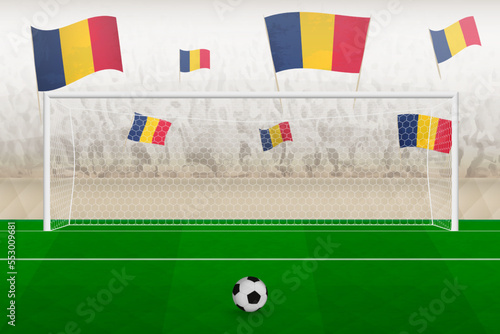 Chad football team fans with flags of Chad cheering on stadium, penalty kick concept in a soccer match.