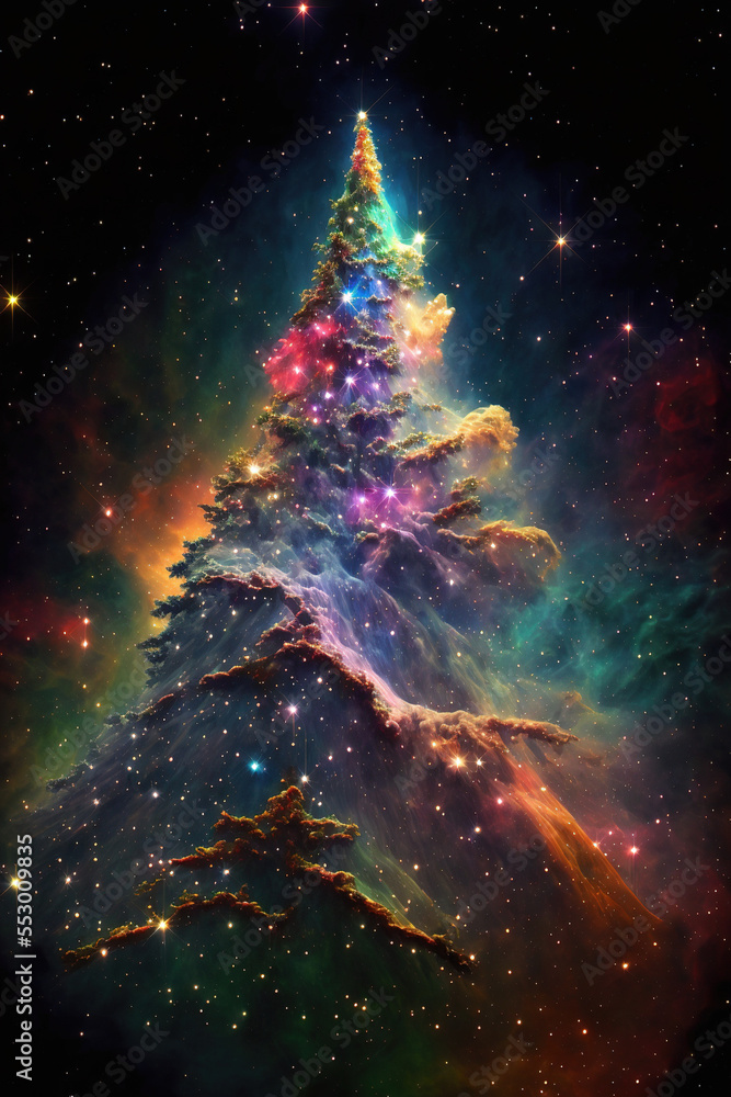 Space explosion of stars in shape of Christmas tree, 3D Illustration, cosmic refraction of neon colors. Futuristic urban creative concept. The whole universe is celebrating New Year. Generative AI.