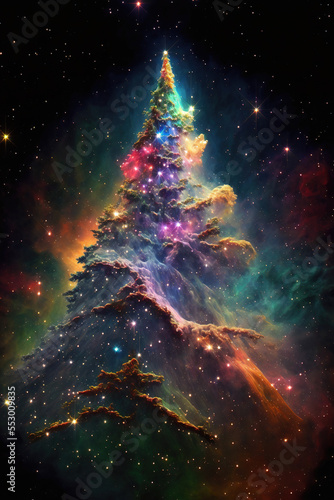 Space explosion of stars in shape of Christmas tree  3D Illustration  cosmic refraction of neon colors. Futuristic urban creative concept. The whole universe is celebrating New Year. Generative AI.