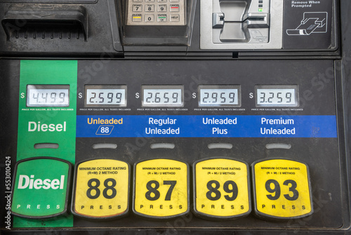 Gas pump in USA showing prices per gallon for diesel, unleaded 88, regular unleaded, unleaded plus and premium unleaded