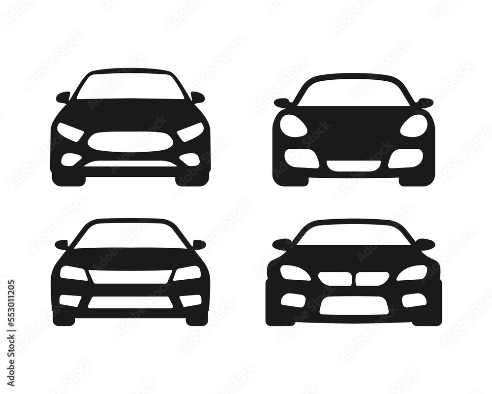 Icons of black cars. Auto vehicle car in front view symbols isolated on white background. Vector EPS 10