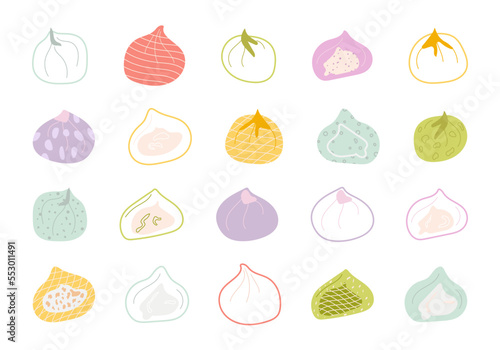 A set of traditional Japanese hand-drawn sweets. Colorful doodle-style elements. Isolated vector illustration in Asian style.