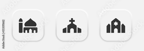 Christian Church, Catholic Cathedral and Muslim Temple icon set. Temples of world different religions symbols in neumorphism style. Vector EPS 10