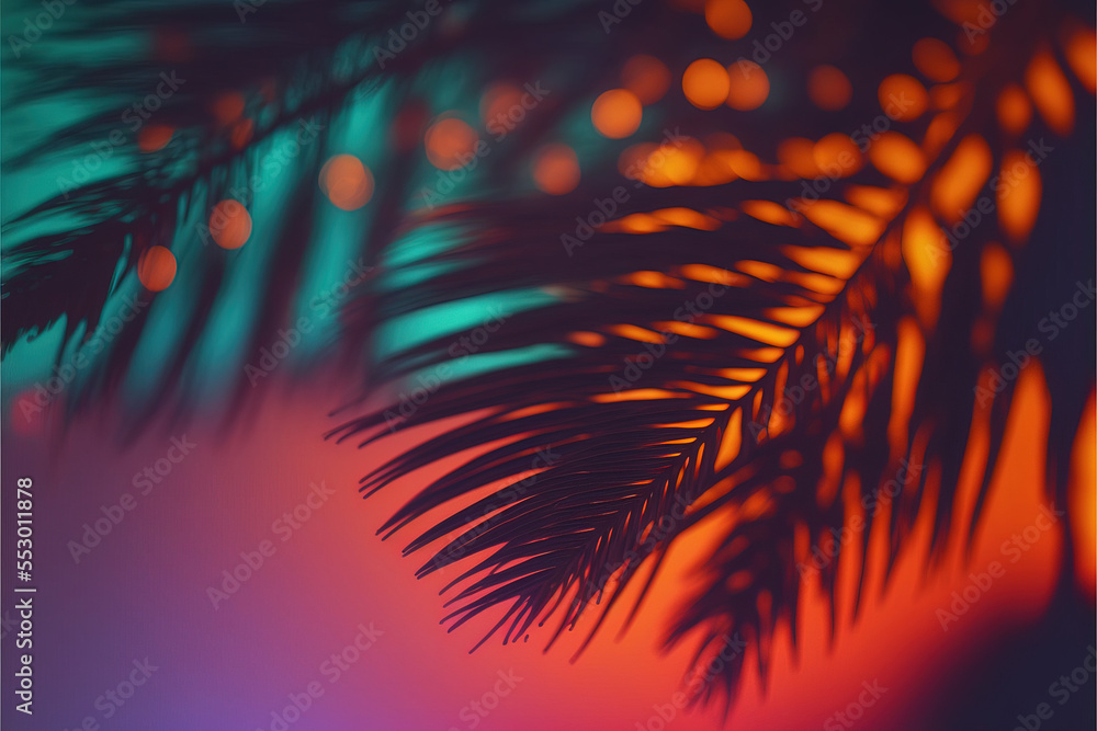 Summer party night atmosphere with palm leaf through which electric, neon, cyber lights pass. Blurred background, plant closeup. Generative AI.