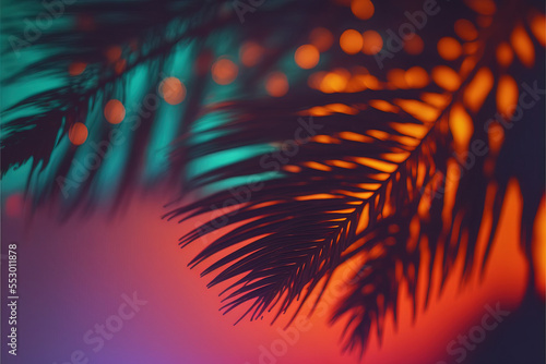 Summer party night atmosphere with palm leaf through which electric, neon, cyber lights pass. Blurred background, plant closeup. Generative AI.