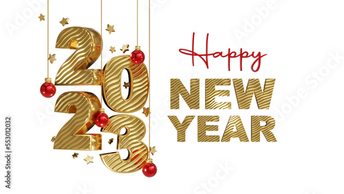 3D Golden Happy New Year 2023 Text with transparent background (ID: 553012032)