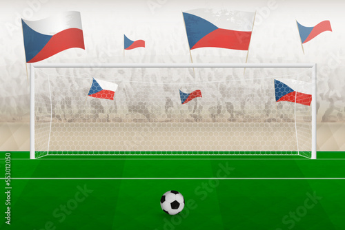 Czech Republic football team fans with flags of Czech Republic cheering on stadium, penalty kick concept in a soccer match.