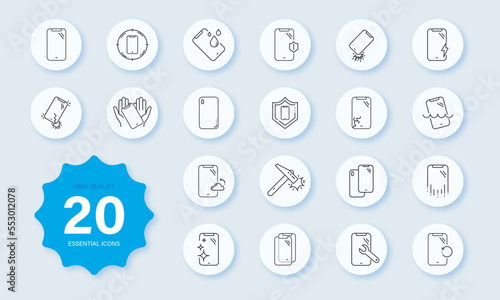 Repair of smartphones icons set. Breakage and protection of the smartphone in linear neumorphism style. Vector EPS 10