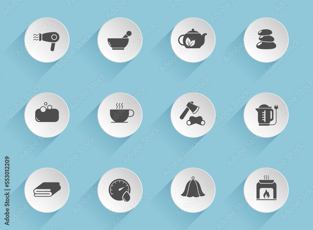 sauna vector icons on round puffy paper circles with transparent shadows on blue background. sauna stock vector icons for web, mobile and user interface design