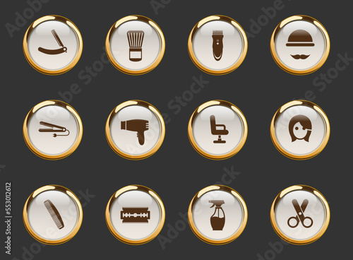 barbershop gold-rimmed vector icons on dark background. barbershop icons in gold frame for web, mobile and ui design