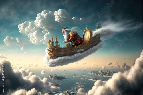 Abstract Christmas Generative AI illustration, Santa sails through clouds in New Year's sleigh, giving gifts to all corners of the world. Landscape white fluffy clouds.
