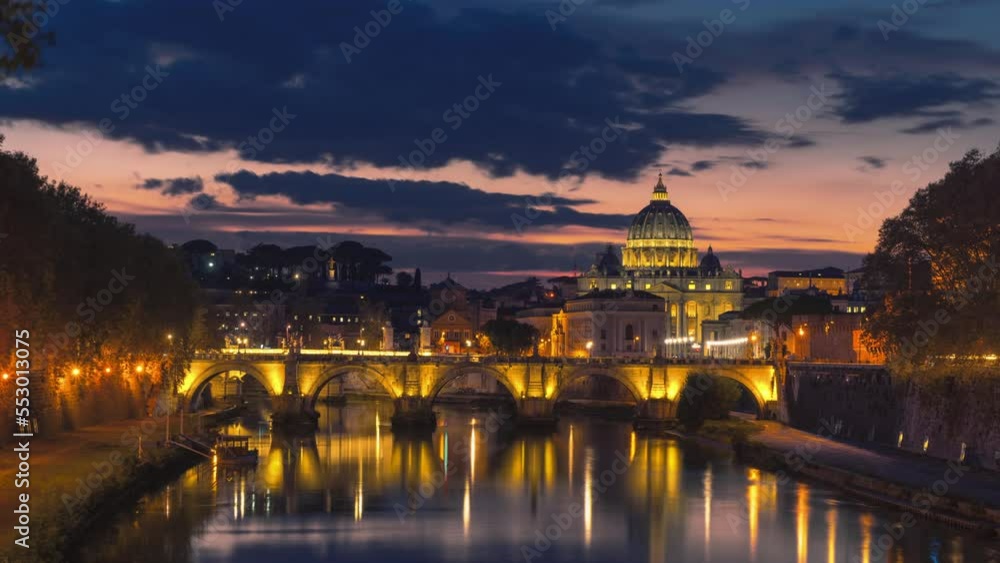 ime lapse of St. Peter's Basilica, Sant Angelo Bridge, Vatican, Rome, Italy ime lapse of St. Peter's Basilica, Sant Angelo Bridge, Vatican, Rome, Italy