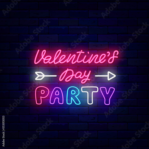 Valentines Day party neon signboard with cupid arrow. February season celebration. Vector stock illustration