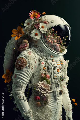 Tela Futuristic white alien warrior astronaut robot in cyber suit and helmet made of fresh Spring flowers, mask portrait