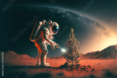 Fotografija Futuristic white warrior astronaut robot in cyber suit and helmet plants and waters the Christmas tree on the moon