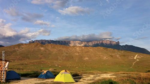 tents in a camp near the base of Mount Roraima