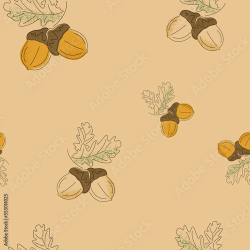 Acorns seamless pattern. Hand drawn textured acorns. Natural forest print, packaging template, textiles, bedding and wallpaper.