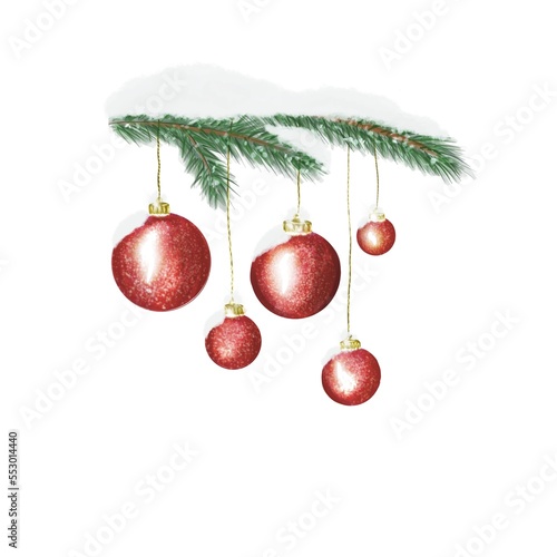 Christmas tree branch with snow and balls 