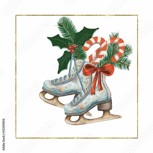 Winter holidays card with skates, christmas tree and candys